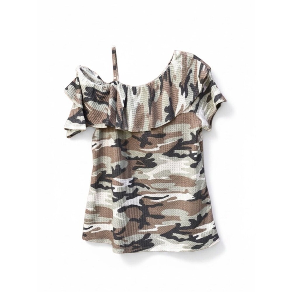 Blakeley Waffle Knit Camo Print Ruffle Neck Top sz M